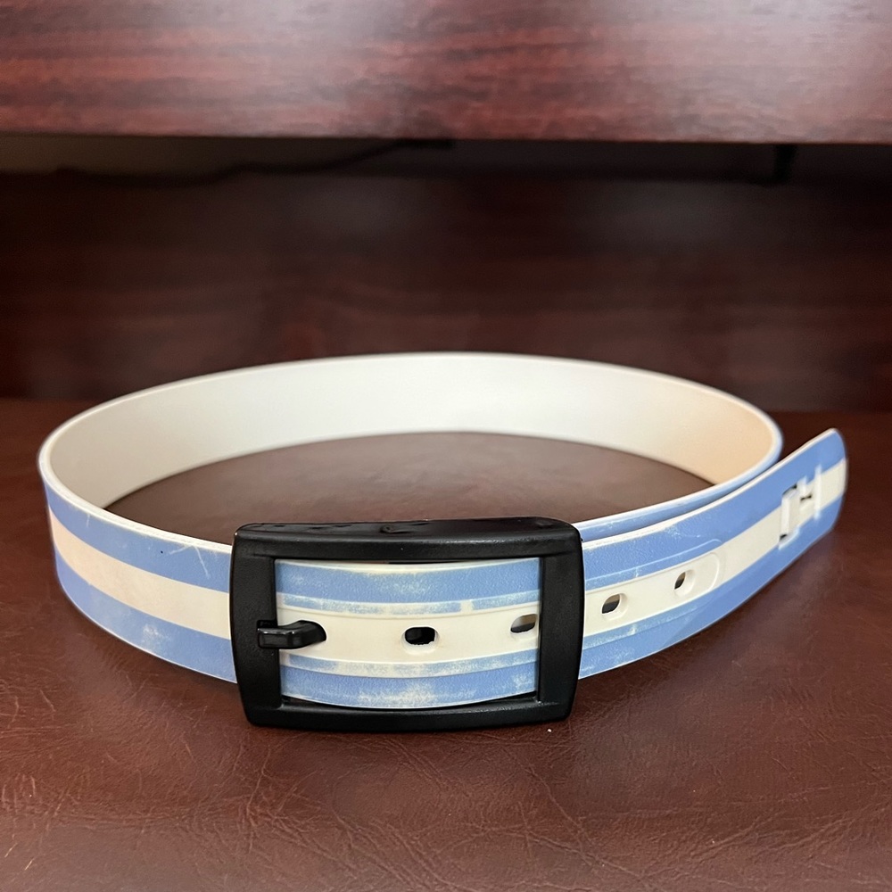 C4 Equestrian Belt w C4 Black Buckle, White with Light Blue Stripes, Small
